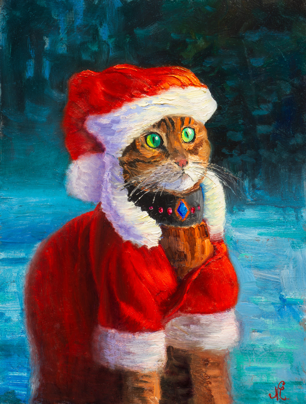 Snow Kitty Bejeweled, original oil painting by Nathan Clements